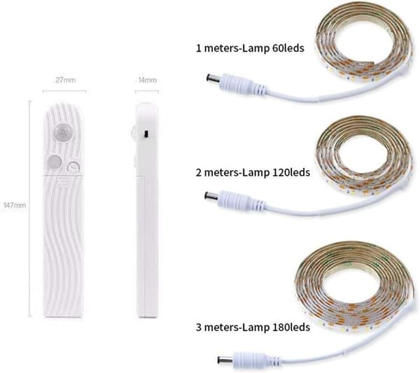 (Kaldhvit 6000K, 3m) Bevegelsessensor LED-stripe, Batteridrevet