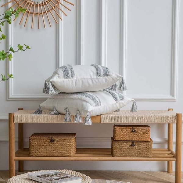 Pillowcase - 2-pack 100% Cotton Woven Tufted Square Pillow Cover with Fringes for Sofa Couch Cushion Cover Grey