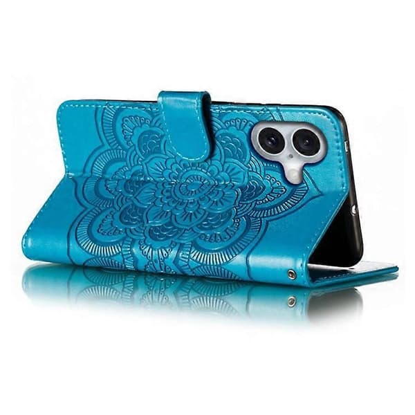 Kompatibelt deksel for iPhone 16 PU-lær Mandala-preget design Lommebok Telefondeksel [DB] Blå Blue