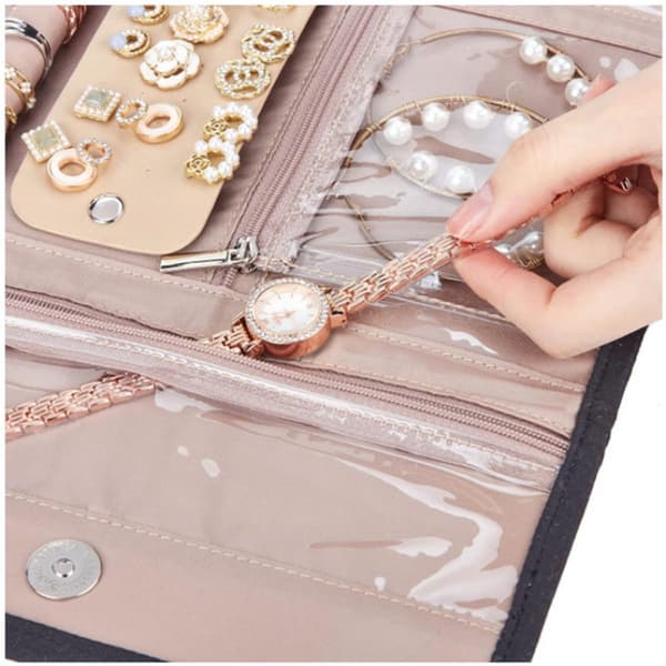 Portable Jewelry Storage Roll Foldable Travel Case with Earring Compartments Anti-Oxidation Organizer