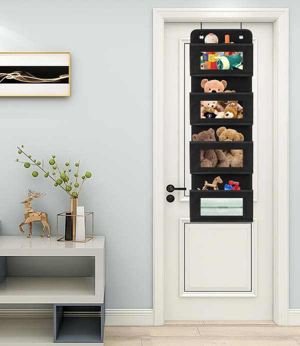 Hanging Shelf, Door Hanger with 4 Compartments, Hanging Storage, Organizer, Hangs on Door or Wall, Black