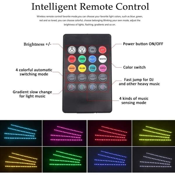 72 LED Car Interior Light RGB 8 Modes LED Strip Light Car Interior Atmosphere Lighting with USB Port, Wireless Remote Control