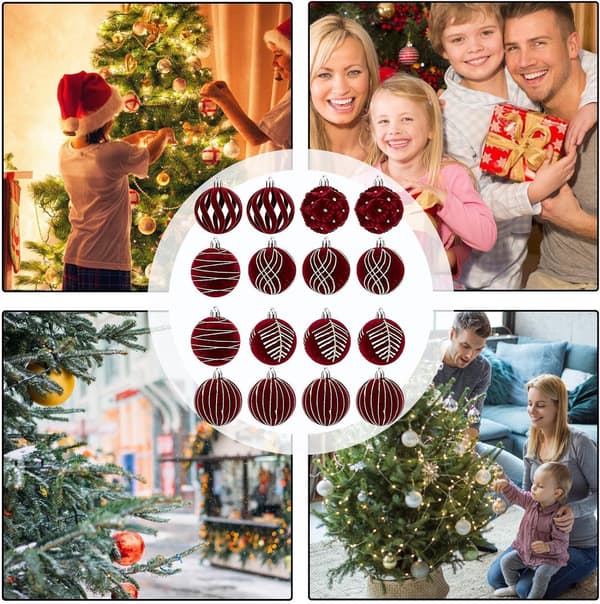 Julgranskulor 16 delar 6 cm Flockade okrossbara etiketter röda - Rot
