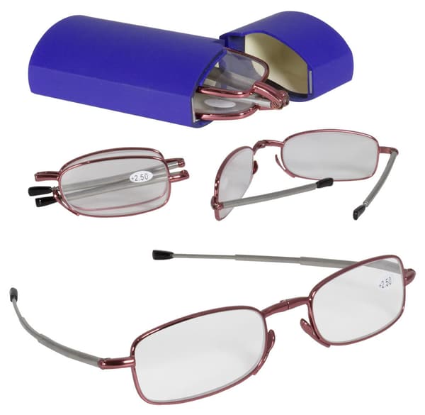 Foldable reading glasses with telescopic temples and a small, convenient case, strength +3.00 Styrka +3,00