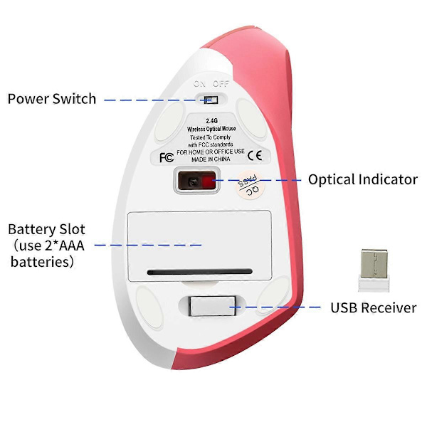 Pink Wireless Vertical Mouse Lightweight LED 800/1200/1600 DPI Adjustable Ergonomic Mouse Wrist Rest