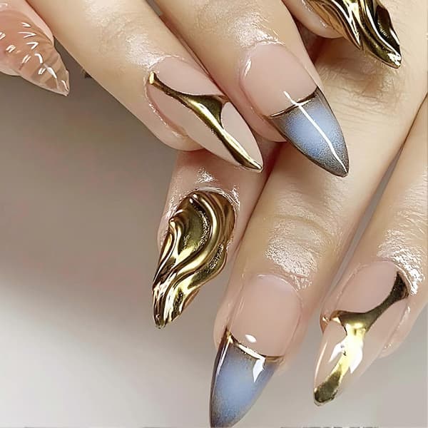 Nude False Nails with Blue Gradient Top Cute and Charming Reusable False Nails 1 1