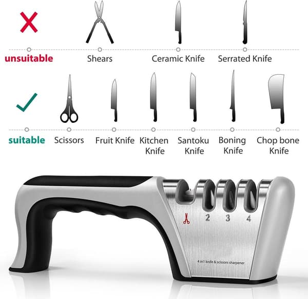 4-in-1 Knife Sharpener - Stainless Steel - Non-Slip Knife Sharpener - Pull-Through Sharpener - 4 Settings - With Non-Slip Base