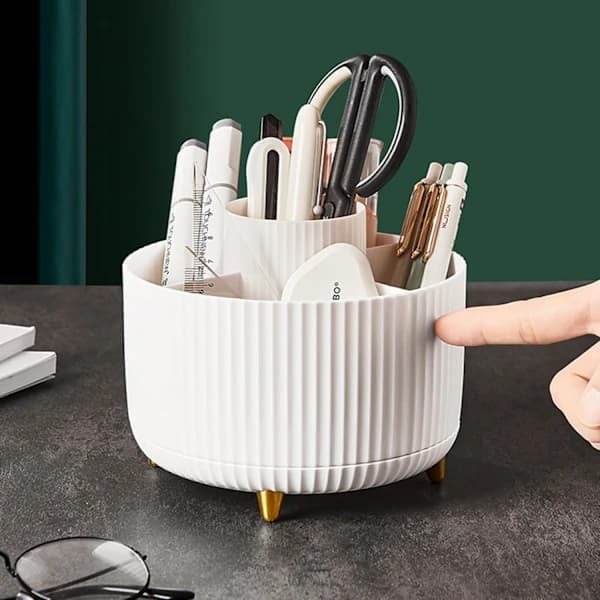 360 Rotating Pen Holder Desk Organizer with 5 Compartments ABS Storage Box for Home Office Makeup Accessories White White