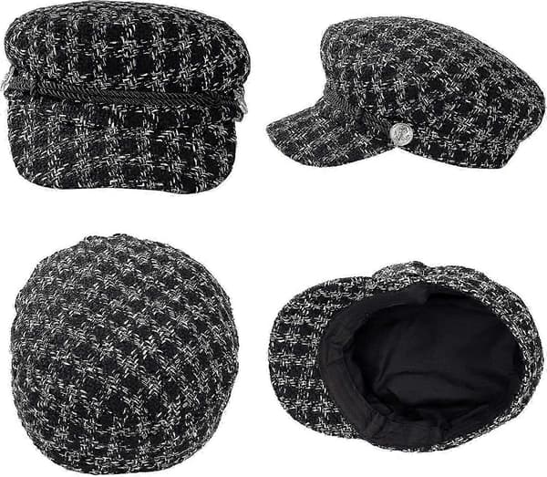 Kortbremmet dameberet med visir, retro britisk stil, elegant vinterflat lue ('6 7/8-7 1/8') Svart