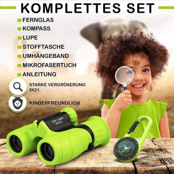 Kids Binoculars with High Magnification (8 x 21) - Complete Set with Magnifying Glass & Compass