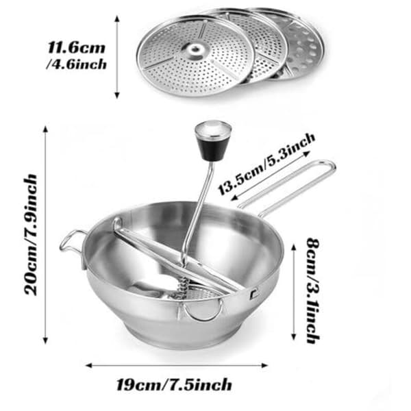 Stainless Steel Vegetable Mill with 3 Grinding Discs for Tomato Sauce, Applesauce, Puree, Mashed Potatoes, Potato Masher