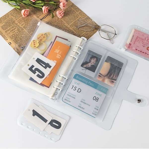 A4 4-hole removable binder pockets for ring binders, Transparent PP material, matte surface, waterproof zipper, standard hole spacing, pack of 10