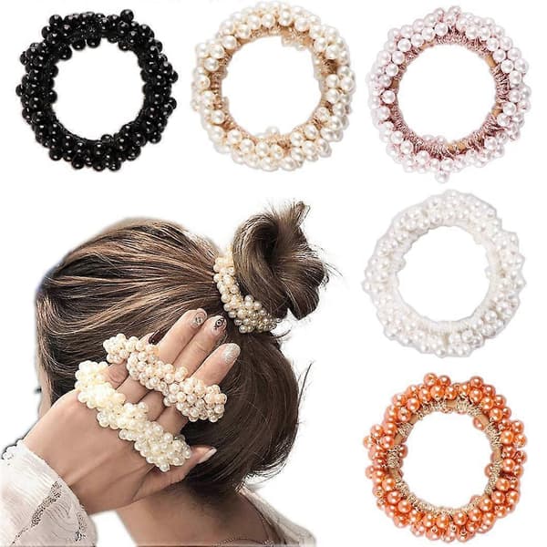 5 styk perle-elastiske hårbånd Ring reb Scrunchie hårbånd Hestehaleholder til kvinder eller piger Hårtilbehør (5 farver)