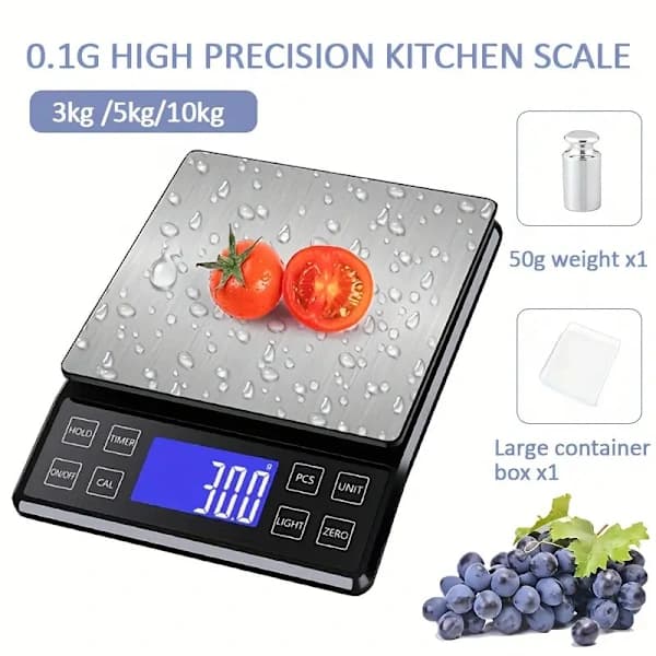 Stor Køkkenvægt, 0,1g - 5kg Nøjagtighed, Procentfunktion, Fuldvinkel LCD-Display med Baggrundsbelysning, Sort