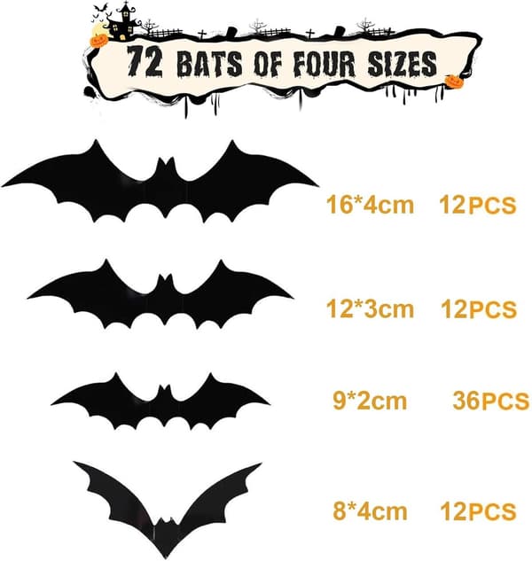 72 Pcs - Bat Decals - Decorative Bat Stickers - Halloween Decoration