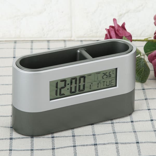 Innovativ pennholder LCD digital elektronisk klokke med evighetskalender temperaturvisning