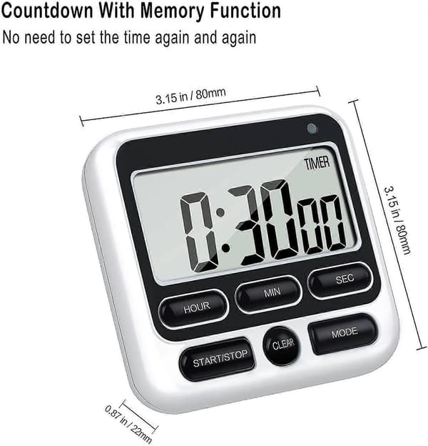 2024 Digital Kitchen Timer With Silent/Loud Alarm On/Off Button, 12-Hour Clock And Alarm, Memory Function