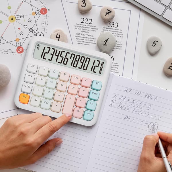 Calculator 12 digits, desktop large display and buttons, pink calculator with large LCD screen for office, school, home