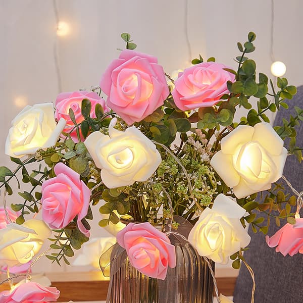 3 meter LED string light with 20 bulbs, USB powered, 7 cm pink and white roses, for room and bedroom