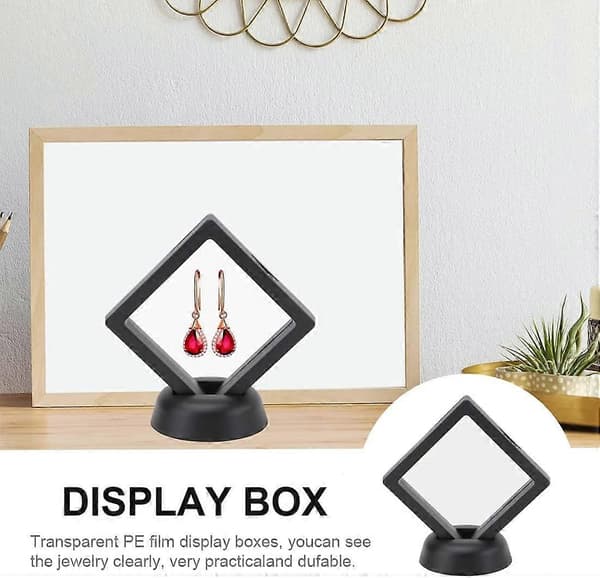 Sæt med 4 flydende møntdisplays med base til ringe, halskæder, armbånd
