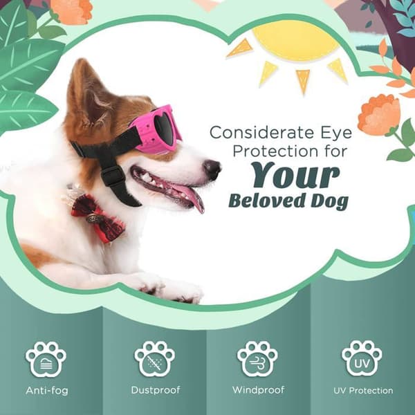 Hjerteformede hundebriller, justerbare kjæledyr-solbriller, UV-beskyttelse, rosa.