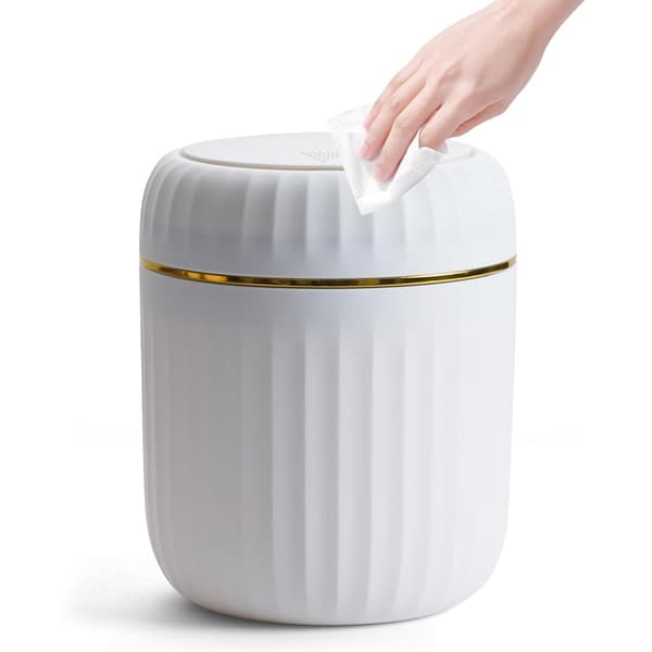 Tabletop Container with Push-Button Lid, 2L Mini Bathroom Trash Can, Office Trash Can for Living Room, Office, White (13×13×16cm)