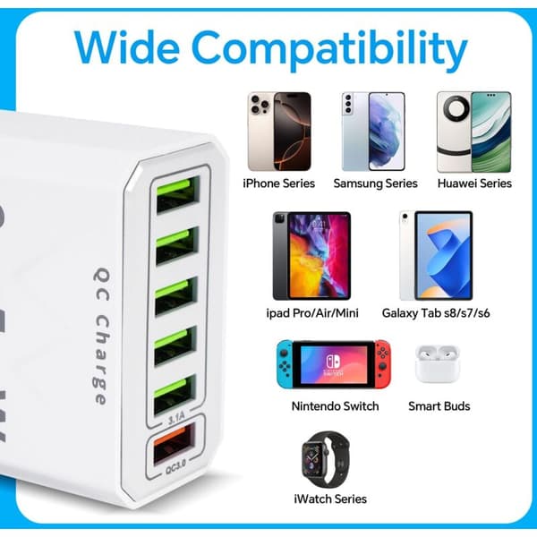 Multi-USB-lader, 65W 6-porters USB-hurtiglader med QC 3.0 Smart Hurtiglader, Universal USB-A Strømadapterlader for 15 Pro Max, 14 Plus (FMY)