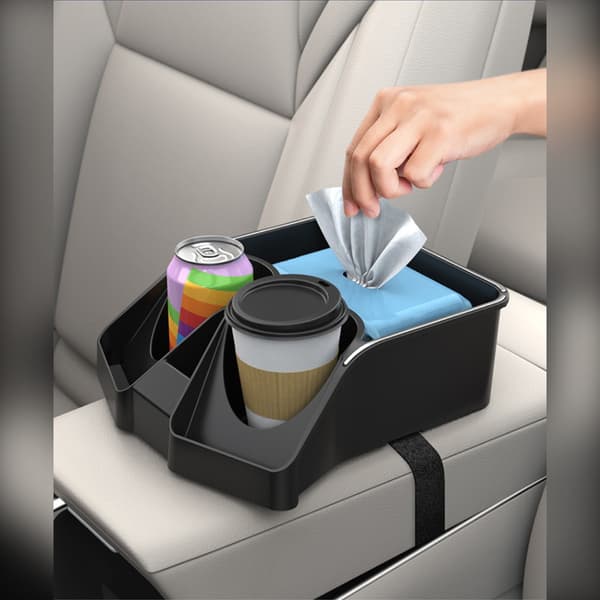 Car Armrest Storage Box: Double Cup Holder and Multiple Compartments for Commuting, Family Trips, and Carpooling, Phone Support, ABS Black, 18cm x 21.5cm x