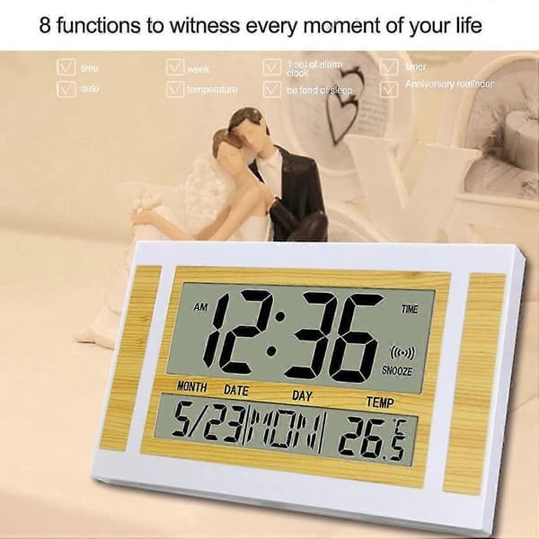 Digital Wall Clock LCD Large Digit Time Temperature Calendar Alarm Desk Clock Modern Design