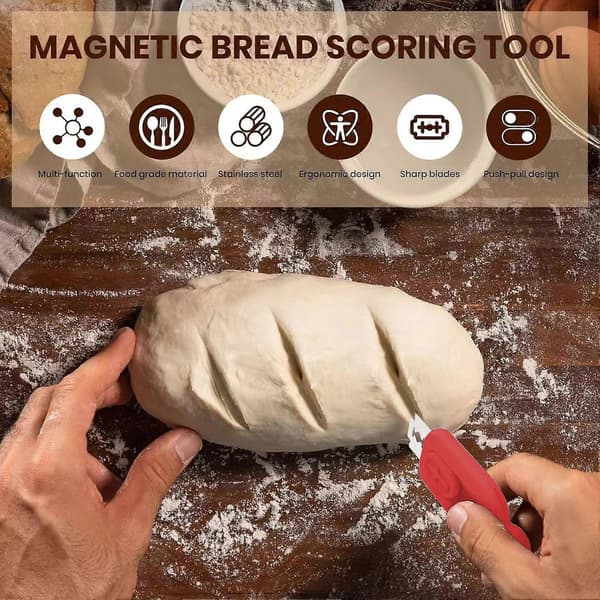 Magnetic Dough Scoring Tool with Push-Pull Design, Easy-to-Use Bread Lame for Sourdough Baking, Ergonomic Grip, Bread Baking Tool with 5 Razor Blades