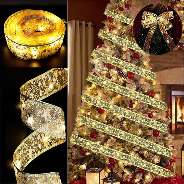 Christmas Tree Ribbon with LED String Lights, 5m 50 LED String Lights with Shiny Ribbon, Waterproof Battery Operated Christmas Tree Lights (Silver 5m)