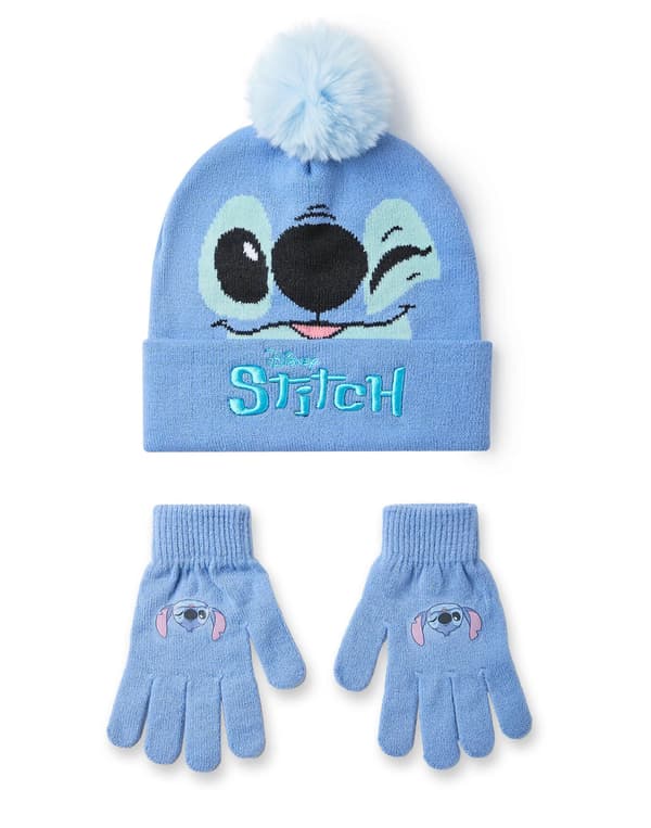 Disney Piger Hue og Vanter Sæt Blå Stitch Karakteransigt - One Size