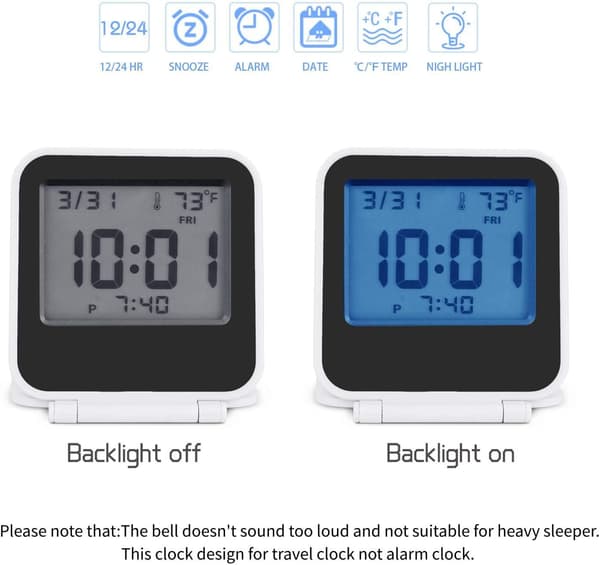 Portable Foldable Digital Alarm Clock with Backlight, Battery Operated Mini Travel Clock, Temperature Display (White)[JUN]