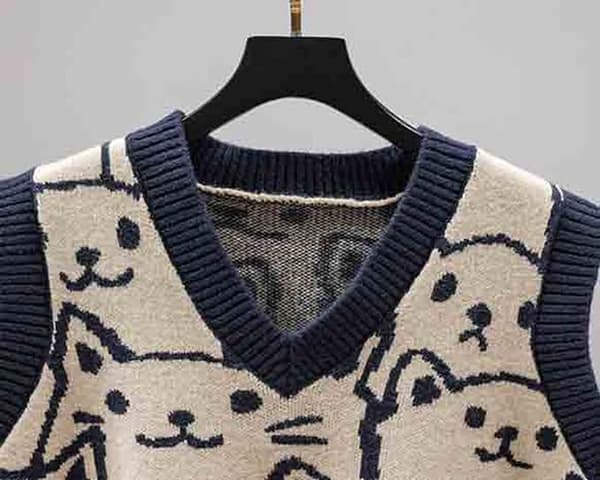 Strikket sweatervest til kvinder, ærmeløse trøjer, trøjer med kattemønster til vinter, efterår og forår