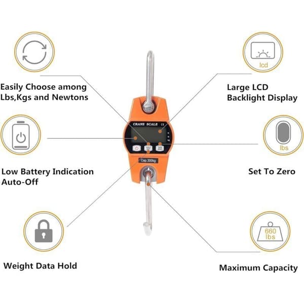 Industrial Hanging Hook Scale 300 kg / 600 lbs with LCD Display, Compatible with Heavy Use