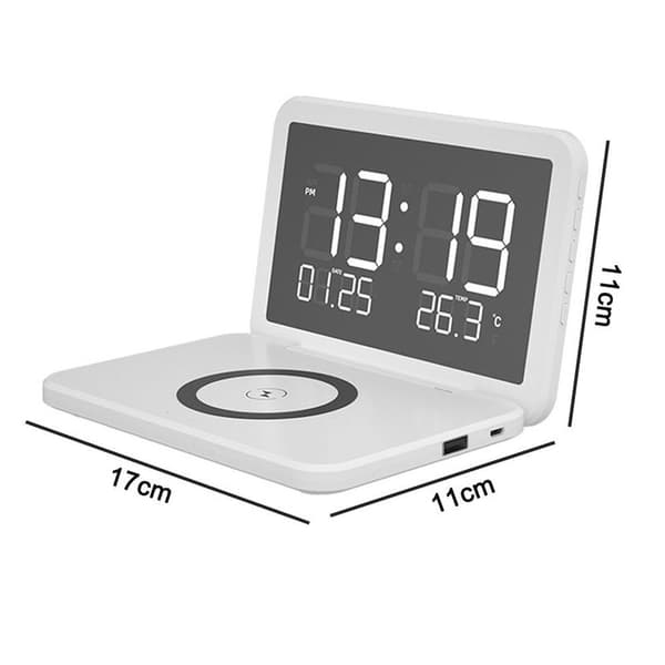 Digital Clock, Wireless Charging Alarm Clock with Night Light, Modern Arctic White