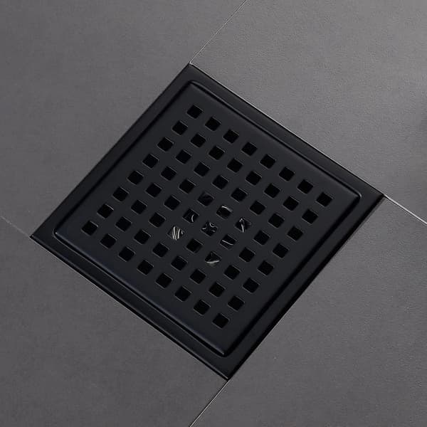 6\" Square Shower Drain Black Matte, Grate with Removable Cover, Sus304 Stainless Steel