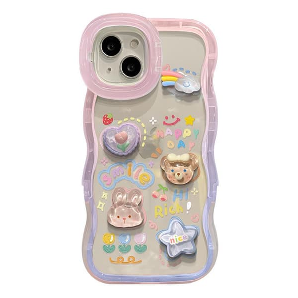 Compatible with iPhone Case, Cute Water Wave Frame 3D Bear Rabbit Stand Soft Shockproof Protective Phone Case (Pink, iPhone 15 Plus)