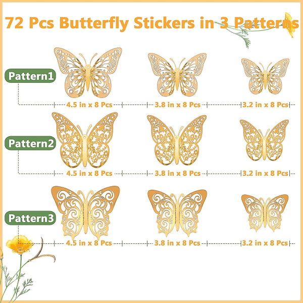 72 pcs 3D Gold Butterfly Wall Decor 3 Sizes Butterfly Decorations Butterfly Party C