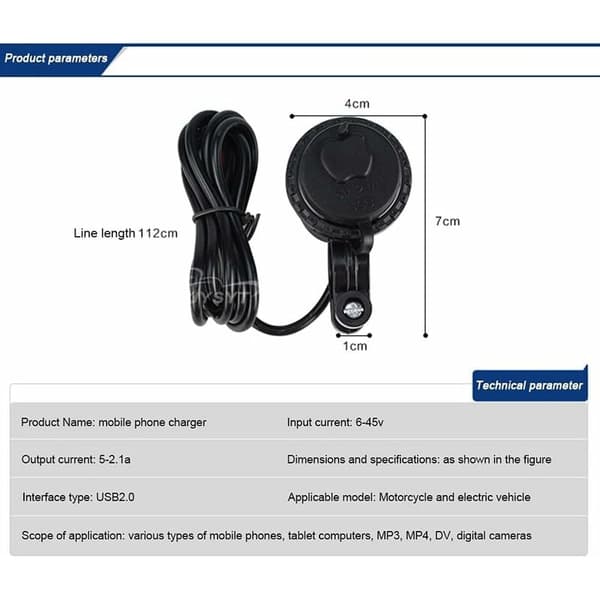 Motorcykel USB-oplader vandtæt 5V/2.1A med afbryder til styr montering