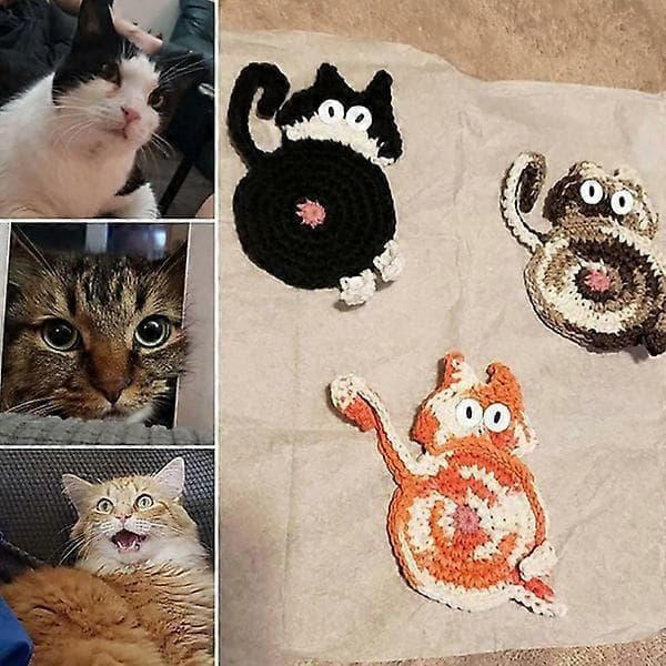 1 pc New Cat Butt Coaster Funny Drink Mat Handmade Crocheted Cup Coaster Home Decor [DB]