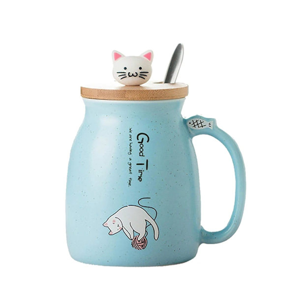 Breakfast Mugg Katt Kaffemugg med Lock Sked Blå - 1 styck