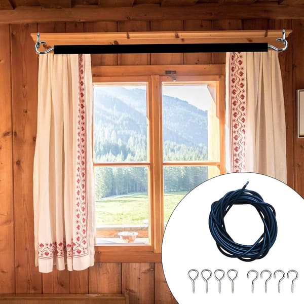 Curtain Wire Set, Cuttable Metal Hanging Cable with 8 Hooks and Screw Eyes for Curtains and Decorations, Black 2m