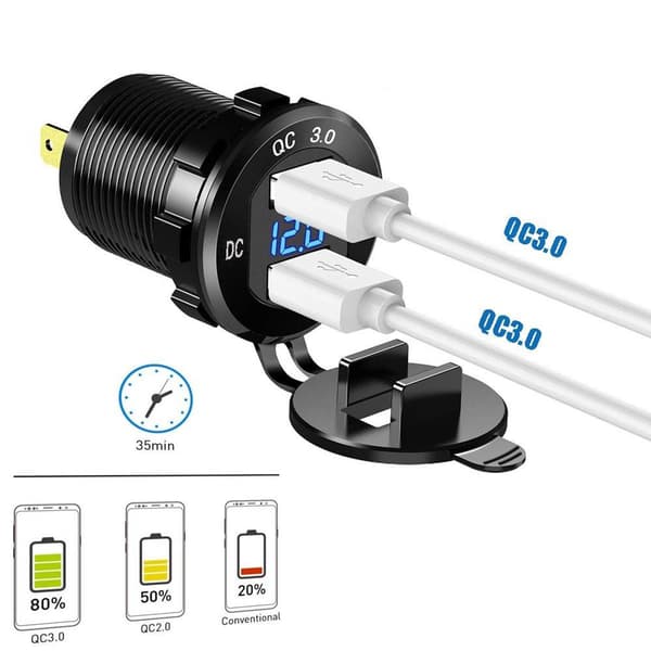 USB Rask Billader To QC3.0 USB-porter, 12V/24V Vanntett, med LED Digital Voltmeter