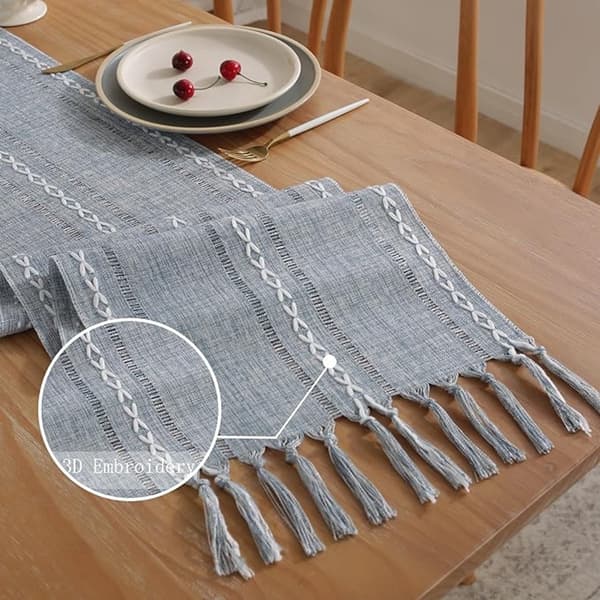 Boho bordløper med makramébroderi og dusker, rustikk gårdsborddekking for fester, blå 13 x 47 tommer