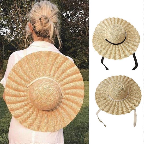 Wide Brim Straw Hat with Wavy Pattern Band for Outdoor Sun Protection Beach