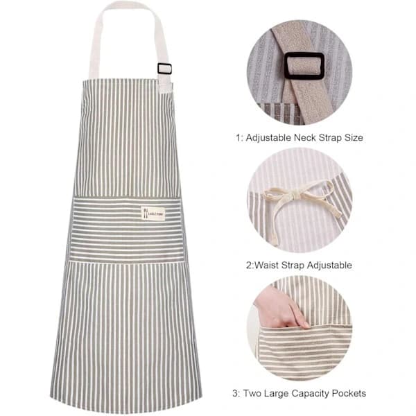 2-pack Cotton Linen Aprons with Pockets, Adjustable Neck Strap for Cooking, Baking, Grilling, Women, Men, Striped 71 x 66 cm