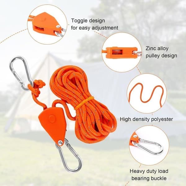 Tie-down strap with hook 4M, 4 pieces of tie-down straps with pulley, 4 mm lightweight camping rope tie-down strap