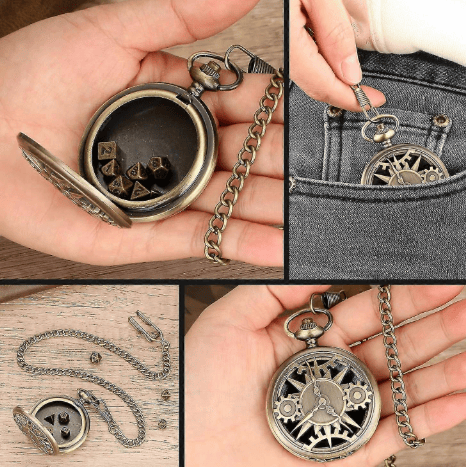 Mini DND Tärningsset med Steampunk Brons Ihålig Fickurslåda, 7-delars Polyedriskt Metalldice Set, Dungeons & Dragons Presentutrustning gear