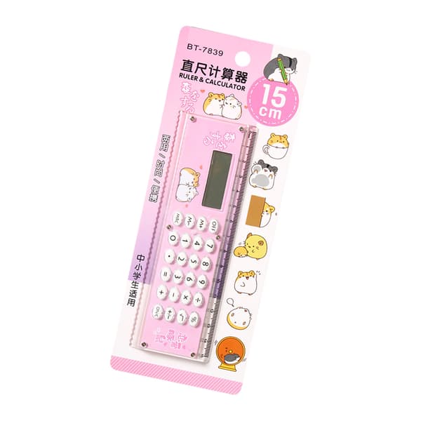 Small Calculator Stylish Cute Ruler Portable Acrylic Material Silicone Buttons External Battery Calculation Tool Pink